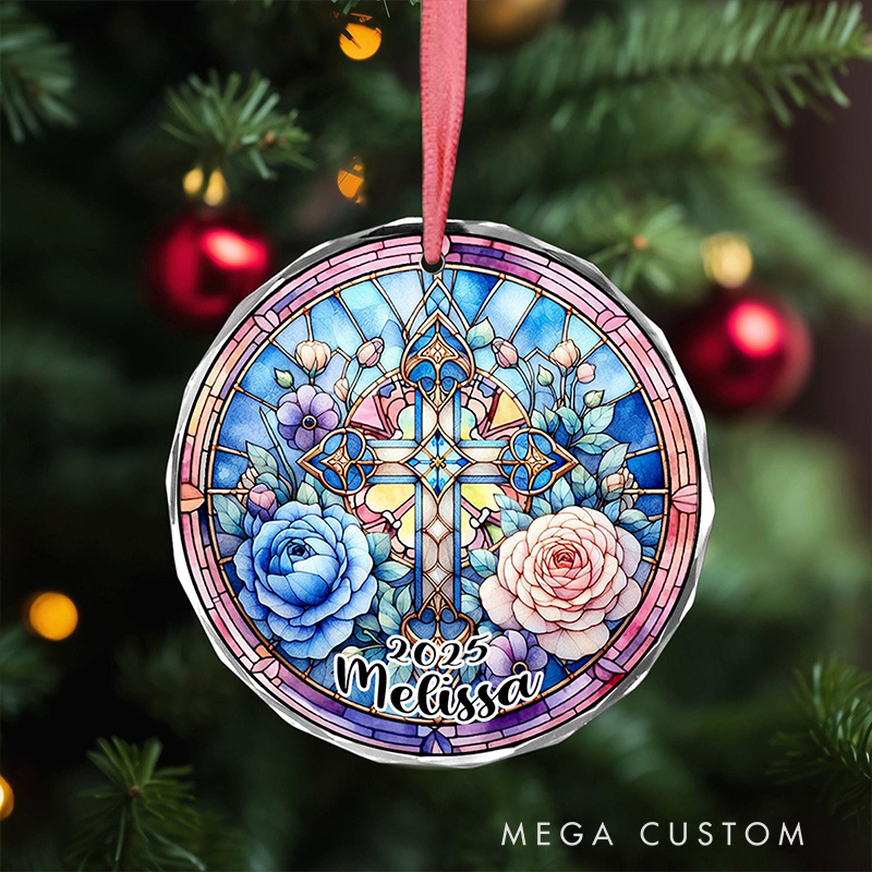 Personalized Cross Stained Glass Christmas Ornament with Name and Year Tree Decoration Christmas Christian Gift Religious Keepsake & Church Gift