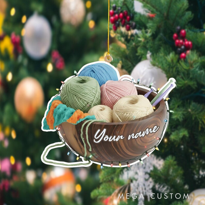 Personalized Yarn Bowl Christmas Ornament Custom Name Knitting Lover Gift Crochet Supplies Decor Unique Fiber Art Holiday Decoration
