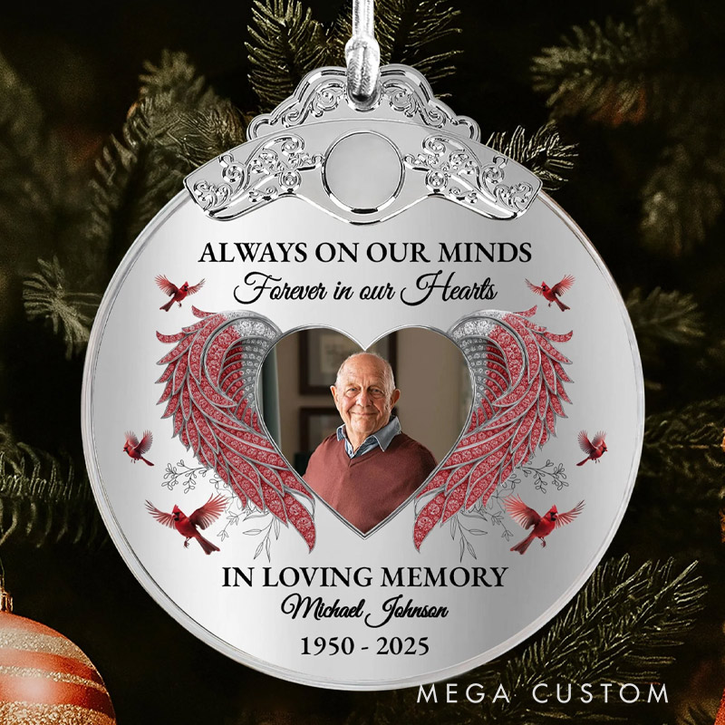 Personalized Glass Photo Ornament With Silver Cap Always On Our Minds Forever In Our Hearts Memorial Ornament for Loss of Loved Ones