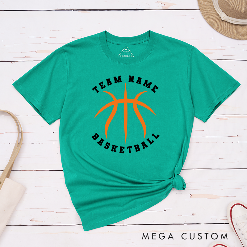 Personalized Basketball Team T-Shirt Design Featuring Custom Team Name Bold Orange Basketball Graphic and Arched Text Layout