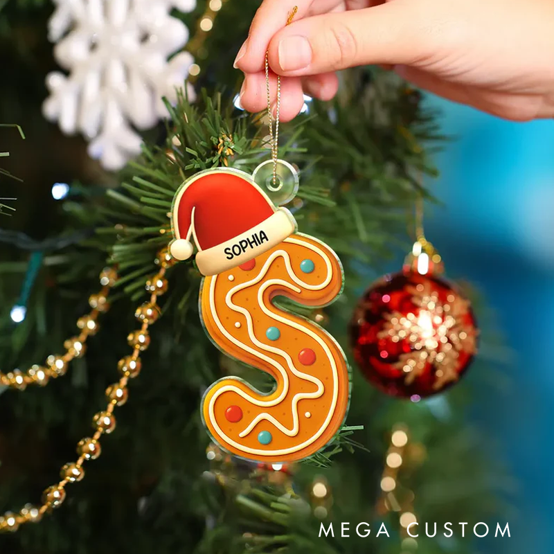 Personalized Festive Gingerbread Letters With Santa Hat Custom Shaped Acrylic Ornament