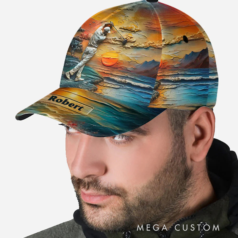 Personalized Golf Cap with 3D Sunset and Custom Name Design  