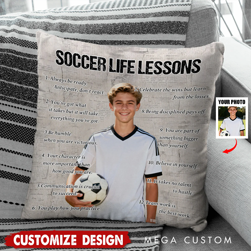 Personalized Soccer Life Lessons Pillow with Custom Photo and Inspirational Quotes