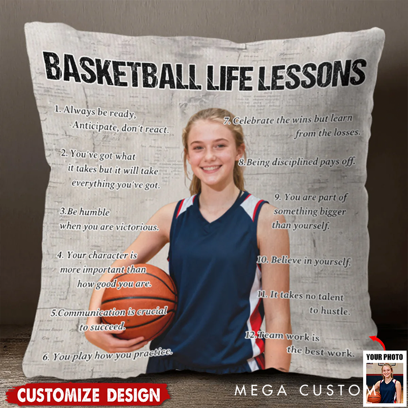 Personalized Basketball Life Lessons Pillow with Custom Photo and Inspirational Quotes