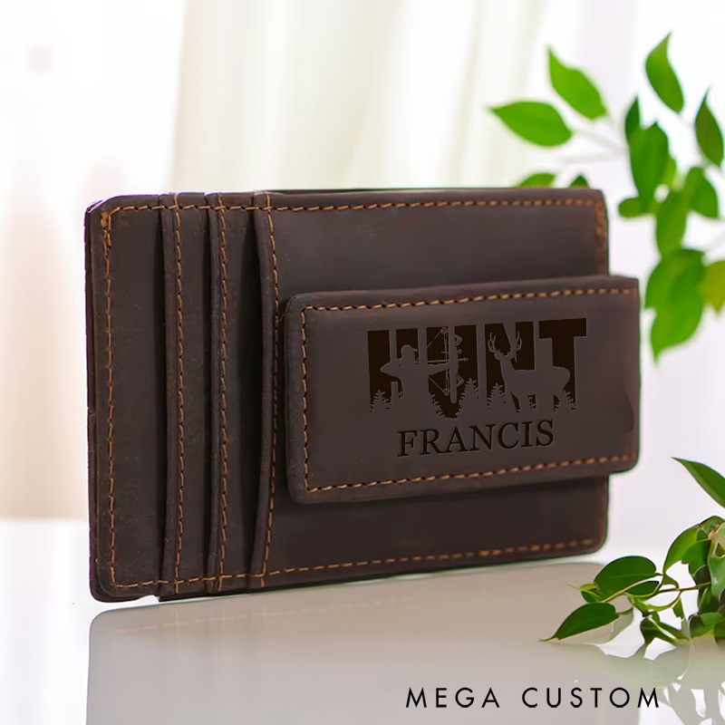 Personalized Crazy Horse Leather Money Clip  Engraved Outdoor Hunting Lover Magnetic Money Clip Wallet  for Husband Boyfriend 