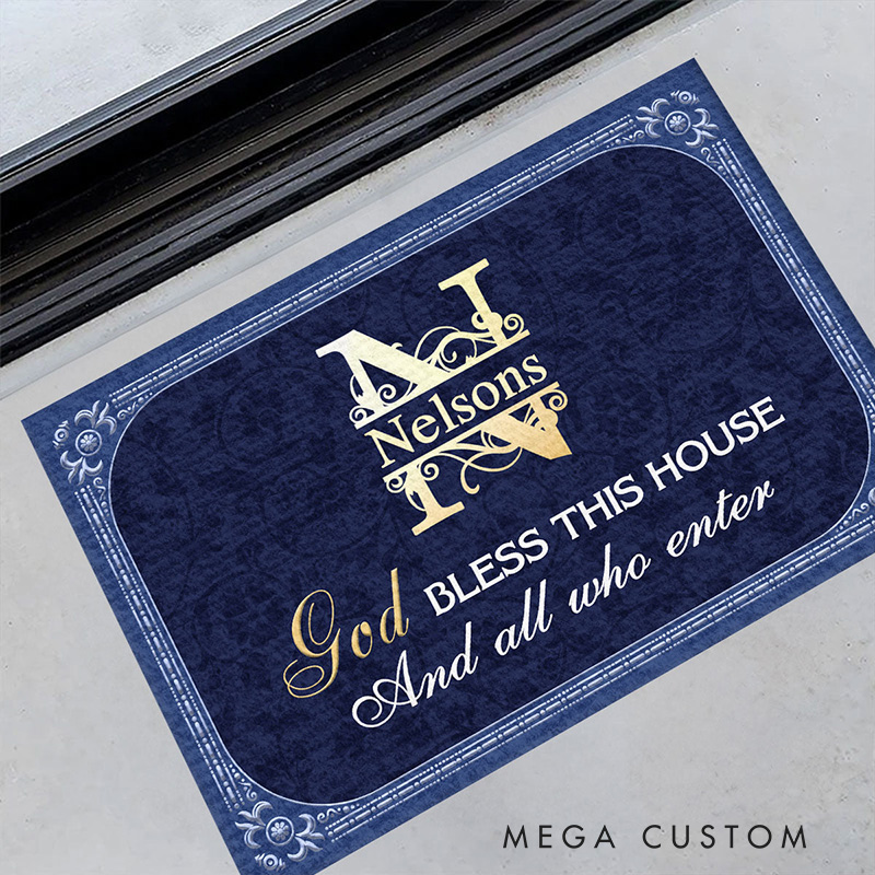 Personalized God Bless this House and All Who Enter Doormat with Family Name Non-Slip Durable Front Door Decor Religious Gift for Faithful Family