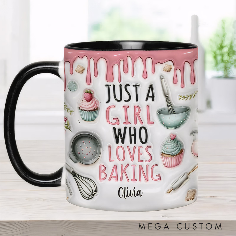 Personalized Just a Girl Who Loves Baking Mug with Name 11oz Ceramic Baking Accent Mug Coffee Cup for Baker Mom Sister Daughter Baking Lover Gift