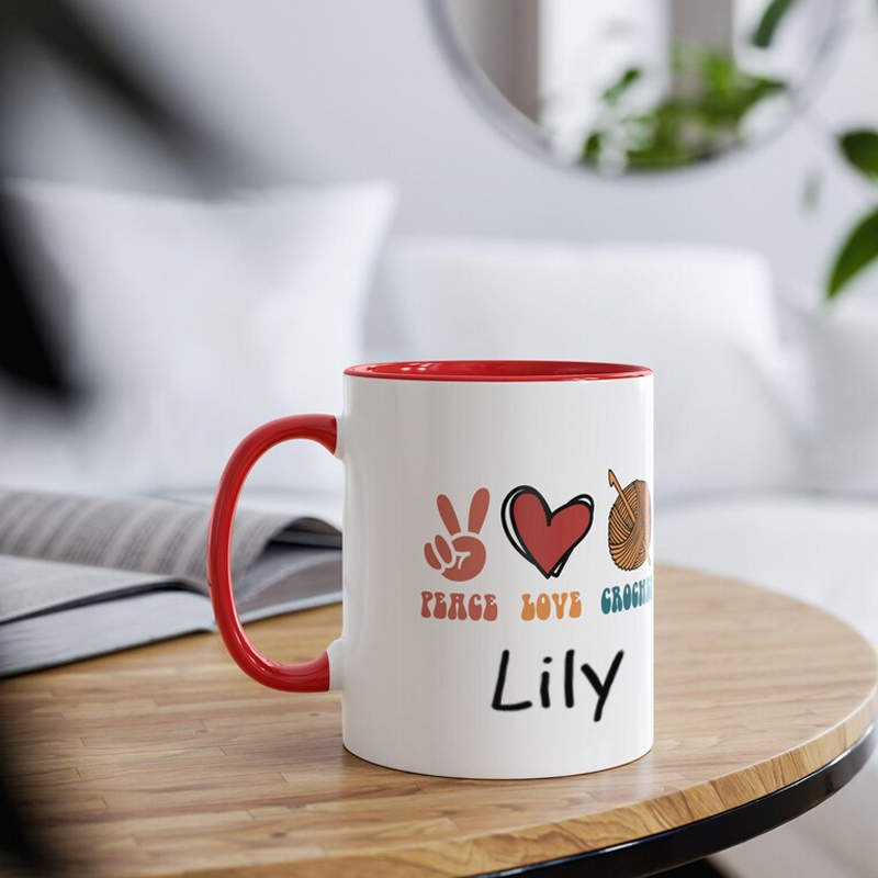 Personalized Name Peace Love Crochet Retro Mug Best Friend Novelty Mug Crocheter Birthday Gift