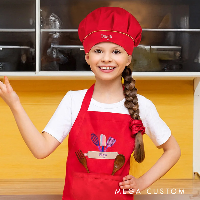 Personalized Kids Cooking Apron Embroidered Kitchen Apron with Name for Kids Baking Tools Adjustable Apron Chef Hat Set for Kids Cooking Lovers