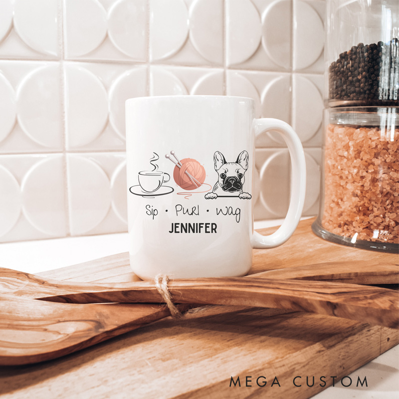 Personalized Coffee Frenchie Knitting Mug Ceramic 15oz Birthday Knitting Gift For Her Knitting Coffee Mug Gift For Knitter Dog Lover