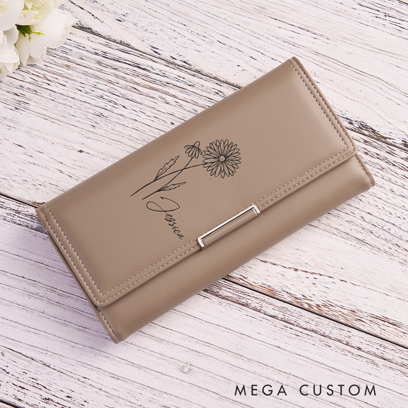Personalized Leather Wallet for Women Engraved Birth Flower Wallet Women Slim Wallet Clutch Purse Leather Gift for Her Unique Gift for Her Birthday Gifts for Women