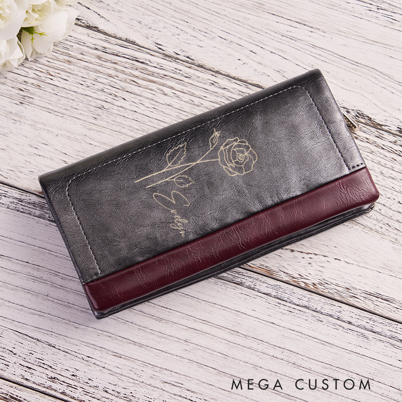 [Copy]Personalized Leather Wallet for Women Birth Flower Leather Wallet Engraved Women Slim Wallet Clutch Purse  Leather Wallet With Zipper Unique Gift for Her Birthday Gifts