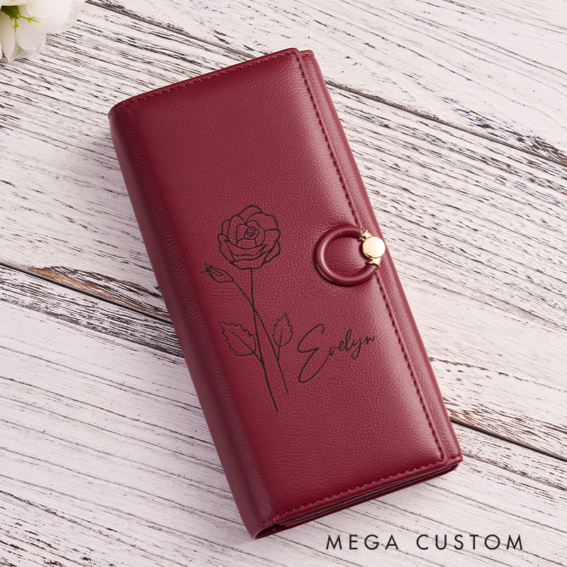 Personalized Leather Wallet For Her Birth Flower Wallet with Name Engraved Wallet For Women Leather Purse Birthday Gift For Her Gift For Mother Bridesmaid Gift Christmas Gift