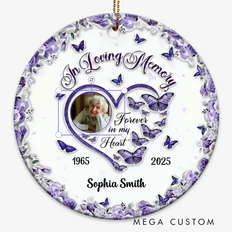 Personalized Ceramic Ornament Sparkling Heart Memorial Butterflies Ornament Gift for Family and Memorial Keepsake 