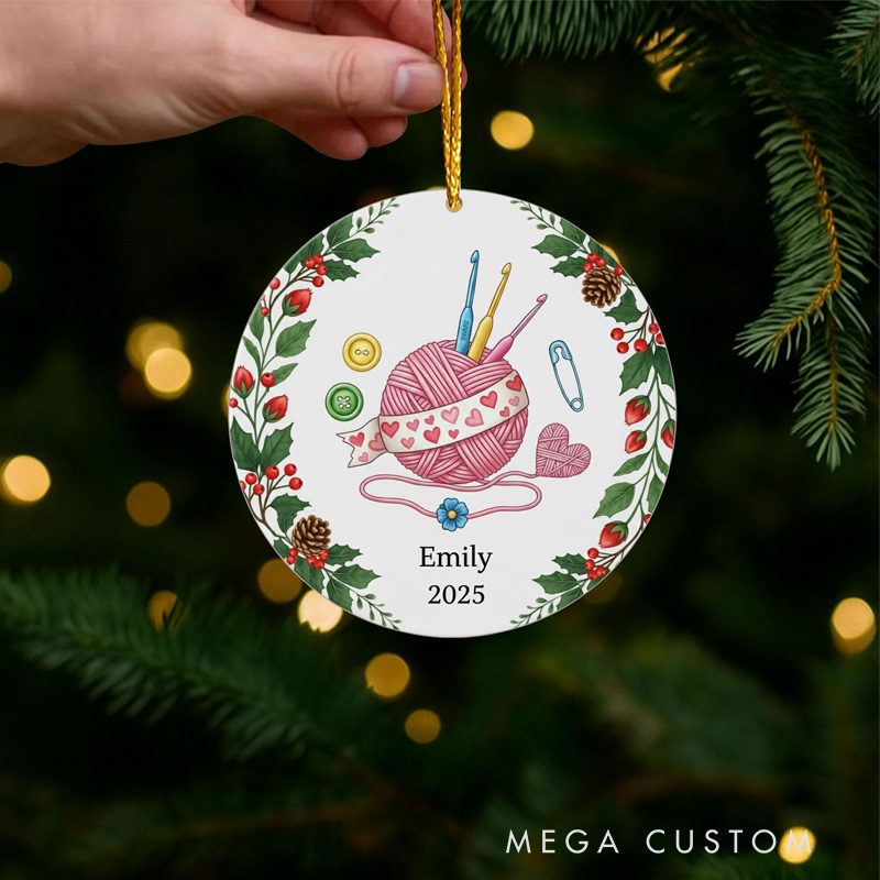 Personalized Crochet Christmas Ornament 2025 Yarn Ball Hooks and Holly Design Gift for Knitters Crafters and Crochet Lovers