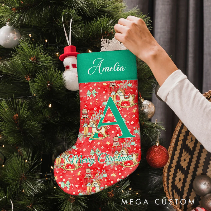 Personalized Christmas Tree Multiple Pattern Nutcracker Stocking with Name and Initial Christmas Gift for Kids