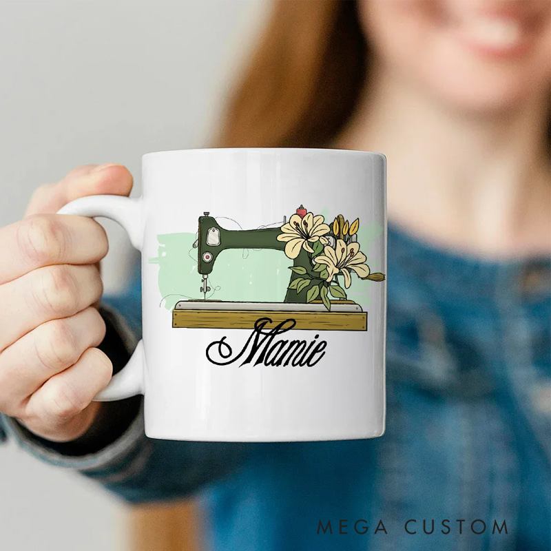 Personalized Birth Flower Sewing Machine Ceramic Coffee Mug with Name Home Kitchen Decor Birthday Gift for Mom Grandma Sewing Enthusiast