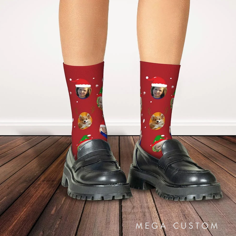 Personalized Funny 1 - 4 Face Photo Design Soft Crew Socks with Santa Hat Elk Snowflake Elements Christmas Gift