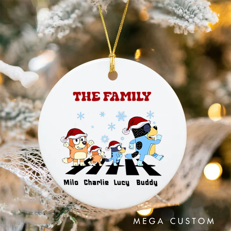 Personalized Name Christmas Ornament Cartoon Dog Family With Santa Hats Merry Christmas Holiday Sign
