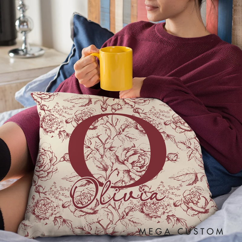 Personalized Toile De Jouy Floral Initial Soft Throw Pillow Cover with Name Home Decor Birthday Christmas Gift