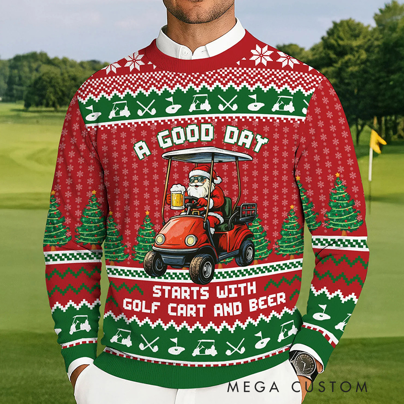 Personalized "A Good Day Starts with" Christmas Sweatshirt for Golf and Beer Lovers 