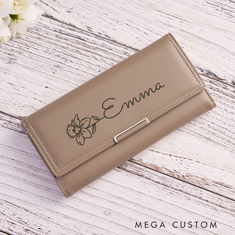 Personalized Leather Wallet for Women Engraved Birth Flower Wallet Women Slim Wallet Clutch Purse Leather Gift for Her Unique Gift for Her Birthday Gifts for Women