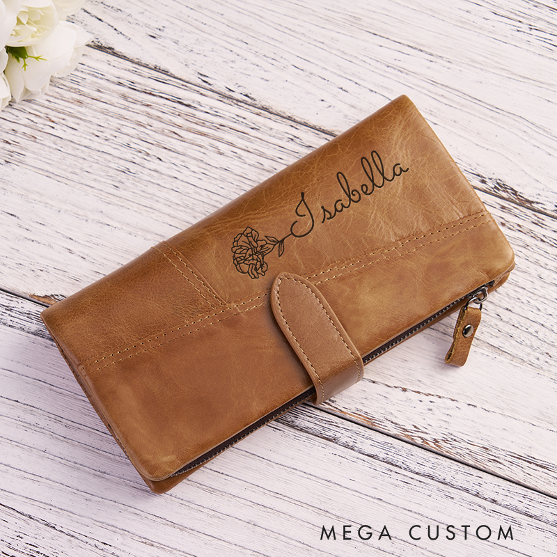 Personalized Leather Wallet For Her Birth Flower Wallet Women Leather Wallet With Zipper Engraved Women Leather Wallet Leather Gift for Her Unique Gift for Her Birthday Gifts