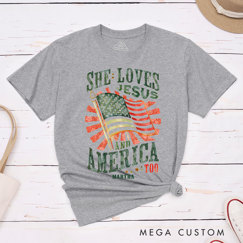 Personalized She Loves Jesus and America Too Cotton T-Shirt with Name Christian Classic T-Shirt Jesus Aesthetic Shirt Patriotic Tee Christian Gift