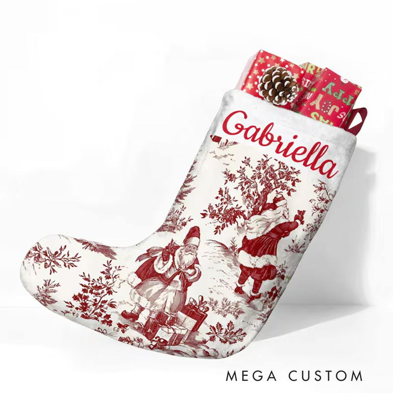 Personalized Red Toile Santa Family Christmas Stockings Custom Toile De Jouy Name Stockings Classic Christmas Decor 