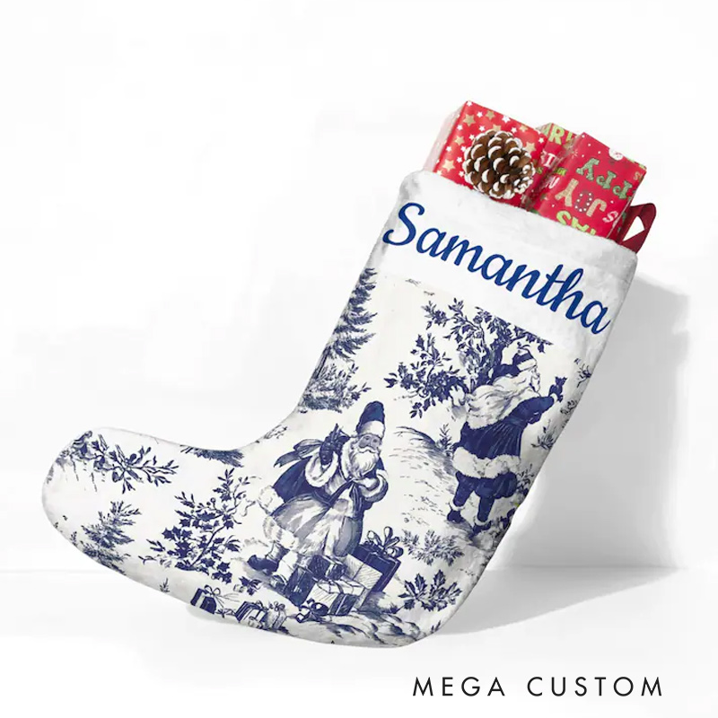 Personalized Blue Toile Christmas Stocking Custom Vintage Toile De Jouy Name Stockings Holiday Decor Gift