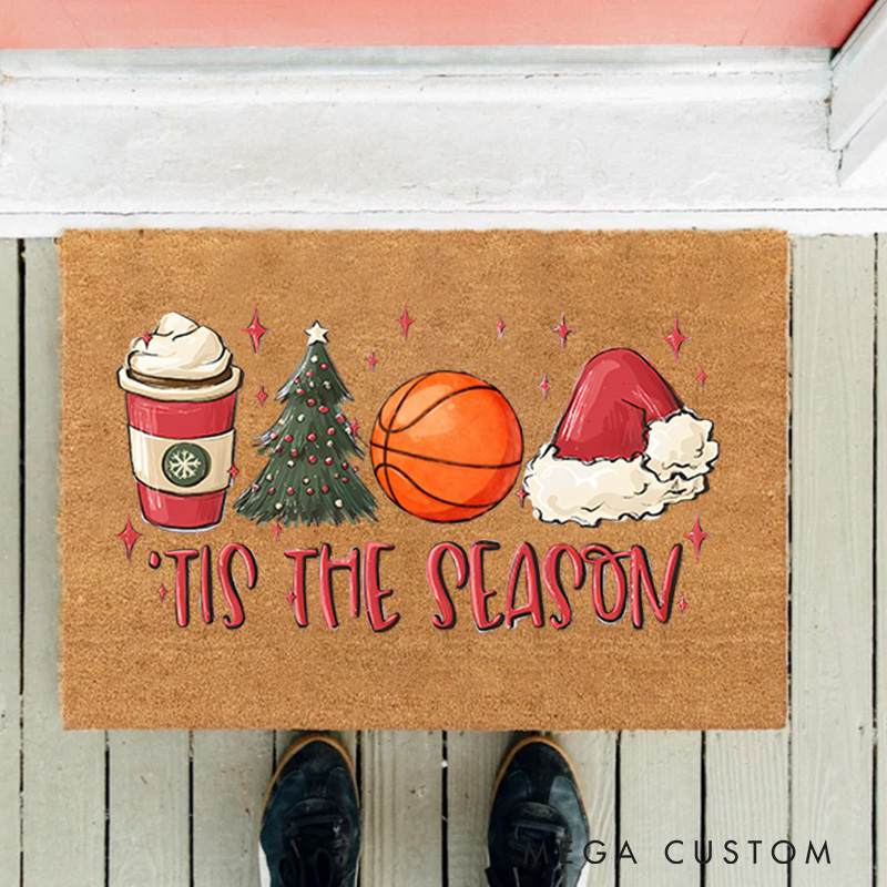 Personalized "Tis the Season" Christmas Doormat with Volleyball and Festive Icons  