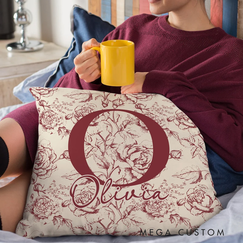 Personalized Pillow Cover with Floral Toile de Jouy Pattern Initial and Name Home Decoration Christmas Birthday Gift for Women