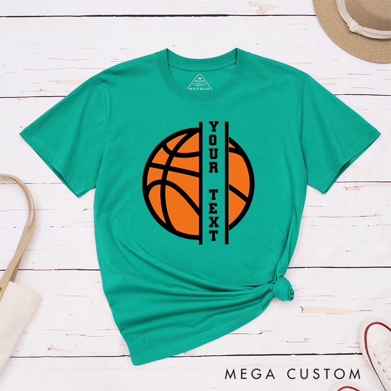 Personalized Basketball T-Shirt Design Featuring Custom Vertical Text Centered Over a Bold Orange Basketball Graphic