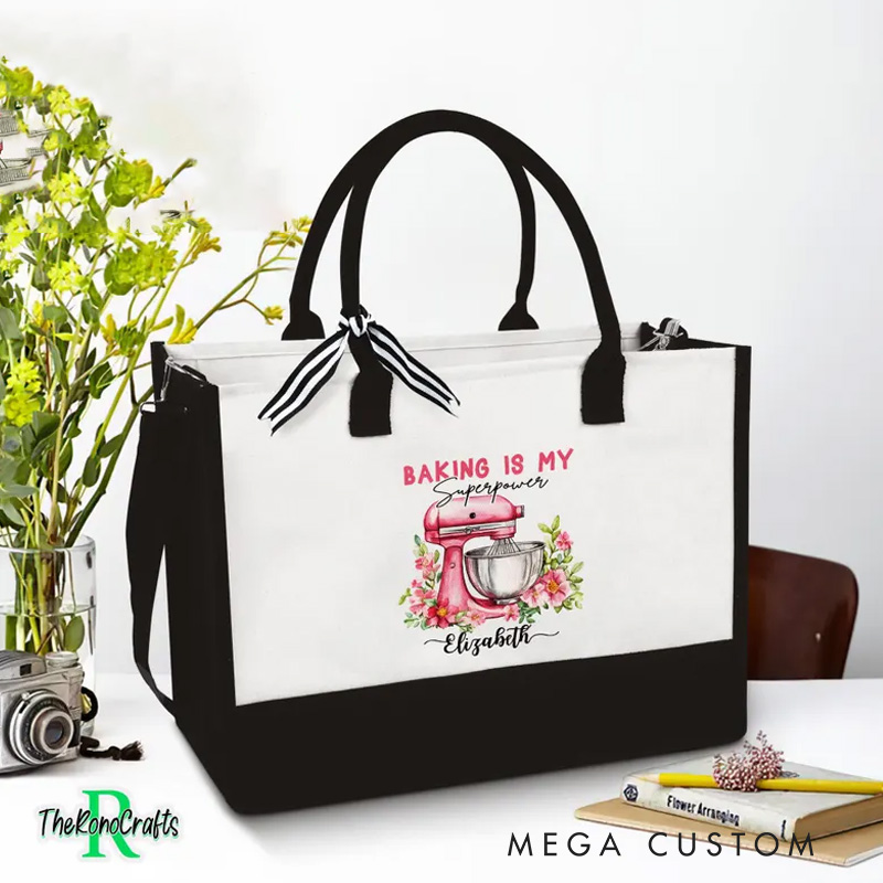 Personalized Baking is My Superpower Tote Bag with Name Baking Floral Mixer Bag Gift for Baker Mom Her Grandma Mom Chef Tote Bag for Baking Lovers