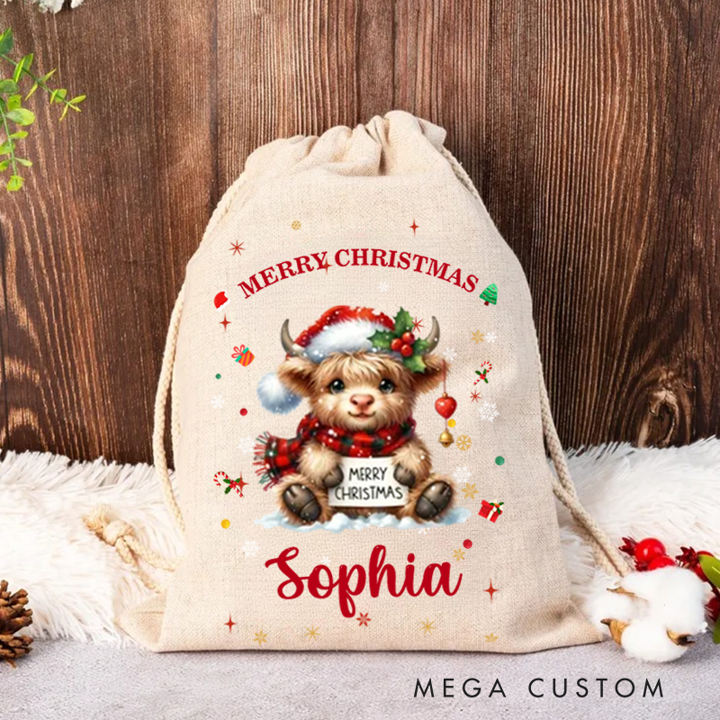 Personalized Cartoon Christmas Hat Highland Cow Christmas Bag with Name Christmas Gift for Family Friends