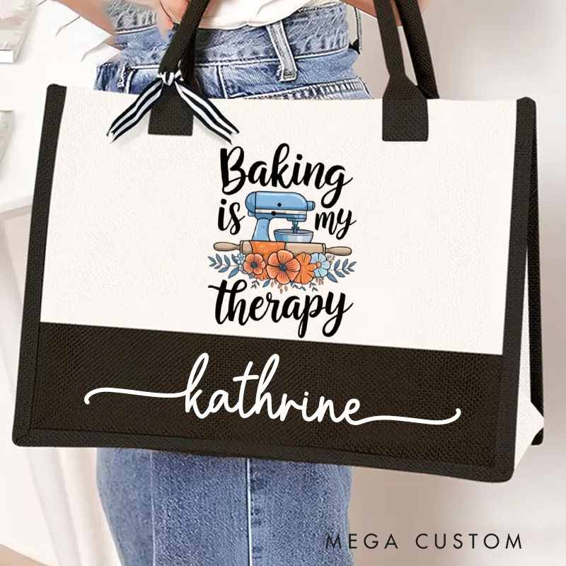 Personalized Baking Is My Therapy Tote Bag with Name Floral Canvas Bag for Her Baker Mom Grandma Mom Chef Tote Bag for Baking Lovers
