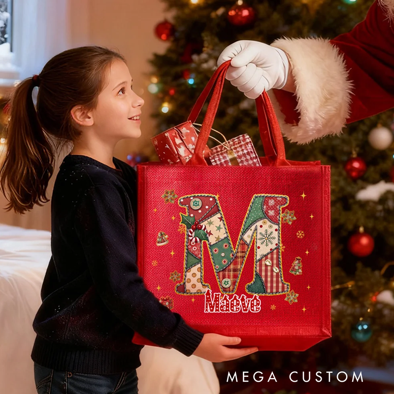 Personalized Stitching Style Initial Large Capacity Red Jute Tote Bag with Name Christmas Party Gift for Kids Women