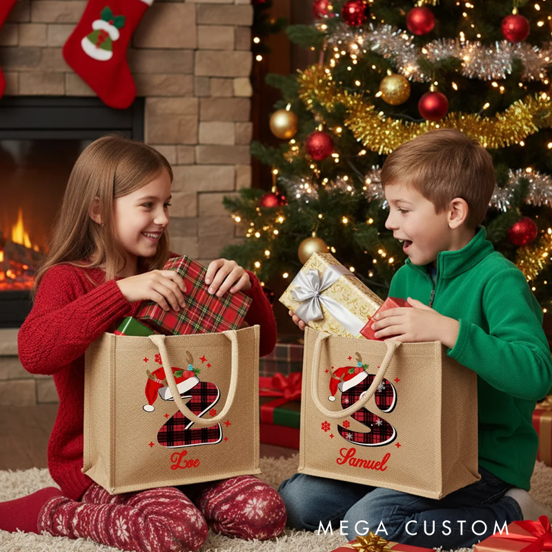Personalized Santa Hat Red Plaid Initial Jute Tote Bag with Name Christmas Party Gift for Kids Family
