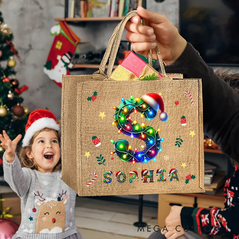 Personalized Christmas Lights Santa Hat Large Capacity Jute Tote Bag with Initial and Name Daily Use Christmas Party Gift for Kids Adults