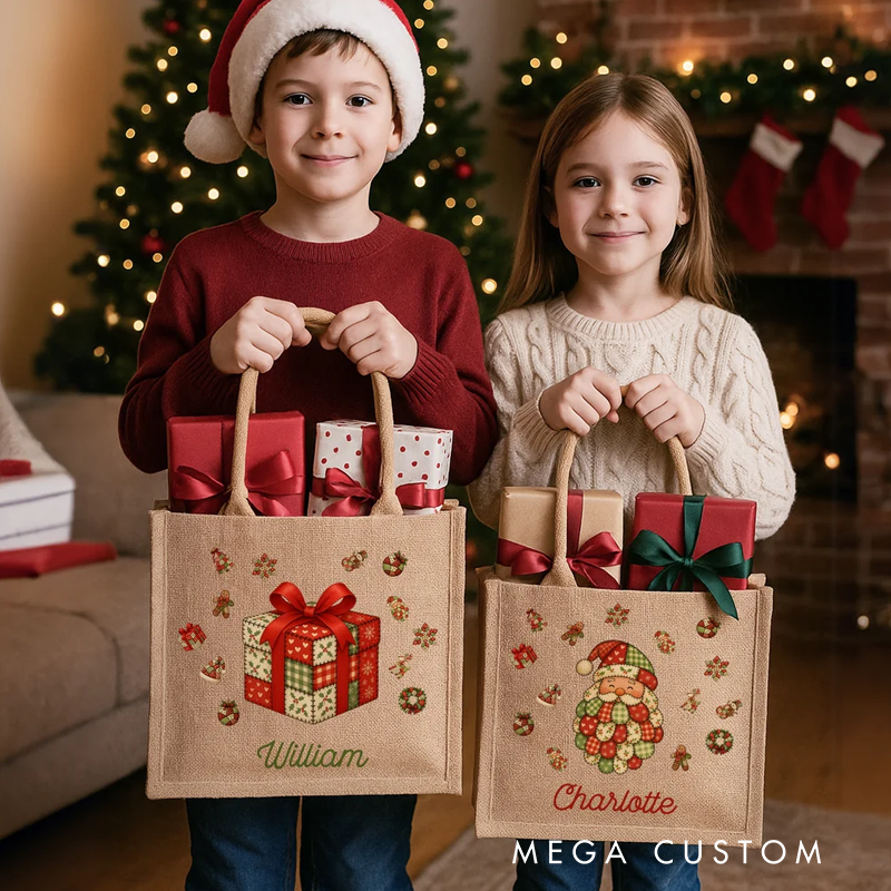 Personalized Patchwork Element Christmas Tree Santa Claus Large Jute Tote Bag with Name Christmas Gift for Family Kids