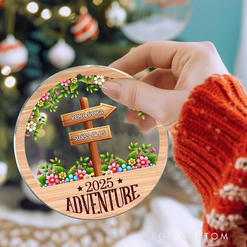 Personalized Adventure Signposts Flower Acrylic Hanging Ornament with Year and Travel Destinations Christmas Birthday Gift for Travel Adventure Lovers
