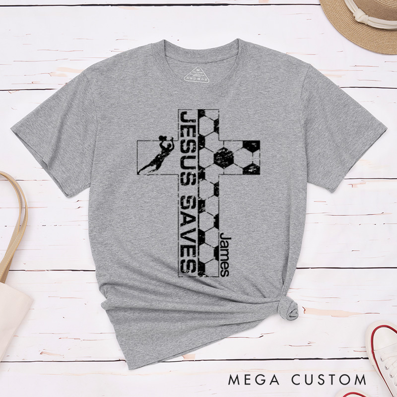 Personalized Jesus Saves Christian Cross Soccer Goalie Goalkeeper Classic T-Shirt Vintage Distressed Style Easter Birthday Gift for Men