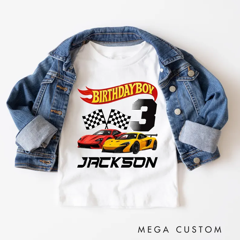 Personalized Race Car Birthday Shirt for Boys Custom Name Age Toddler Tee Gift for Boy Hot Car Kids Outfit Racing Birthday Shirt