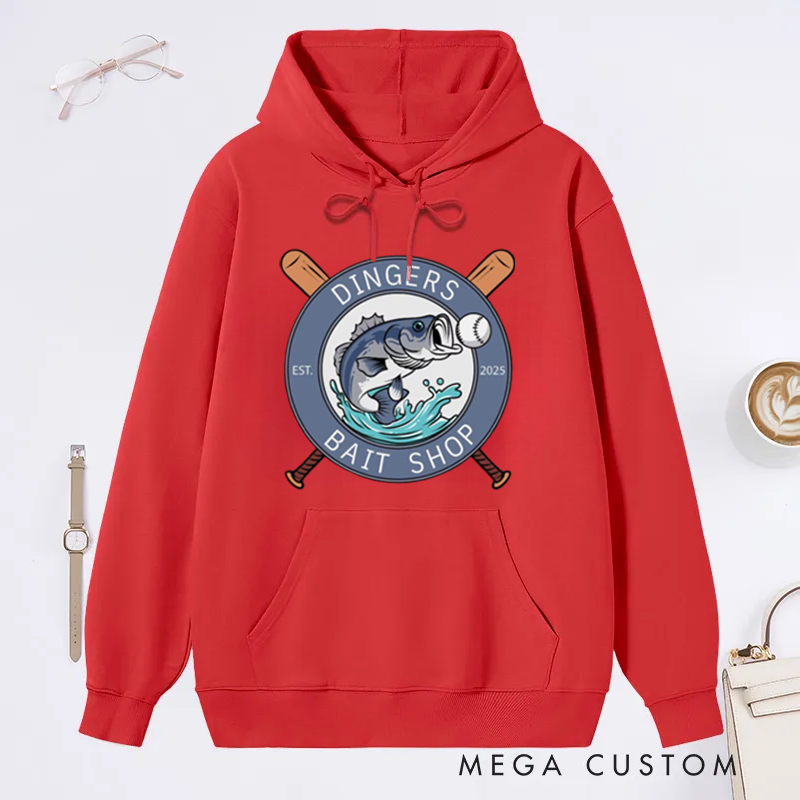 Personalized Dingers Bait Shop Hoodie Funny Fishing Sweatshirt Boys Baseball Gifts Unique Fish and Baseball Design Perfect Gift for Fishing Enthusiasts