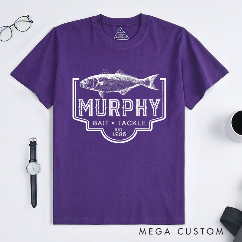 Personalized Murphy Bait and Tackle Fishing T-Shirt Custom Bass Fishing T-Shirt Classic Fish Design Perfect for Fishing Trips Outdoor Adventures and Casual Wear