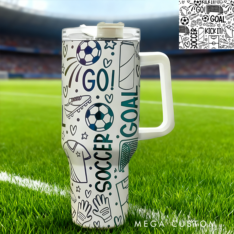 Personalized Soccer Travel Mug with Fun Doodle Design Perfect for Fans on the Go