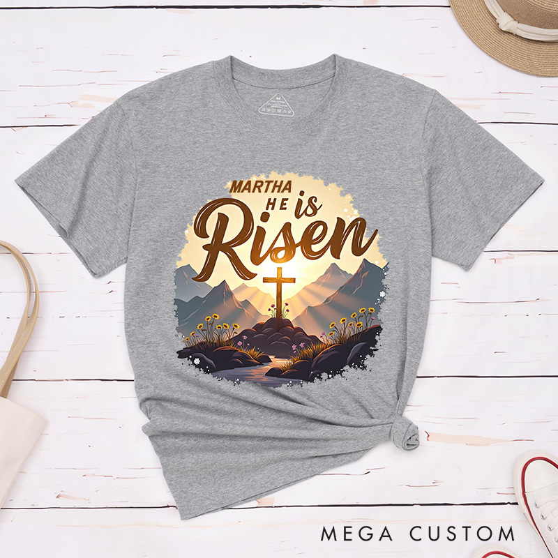 Personalized He is Risen Glory Classic T-Shirt with Name Radiant Resurrection Cross in Mountain Christian Cotton T-Shirt Christian Gift Easter Gift 