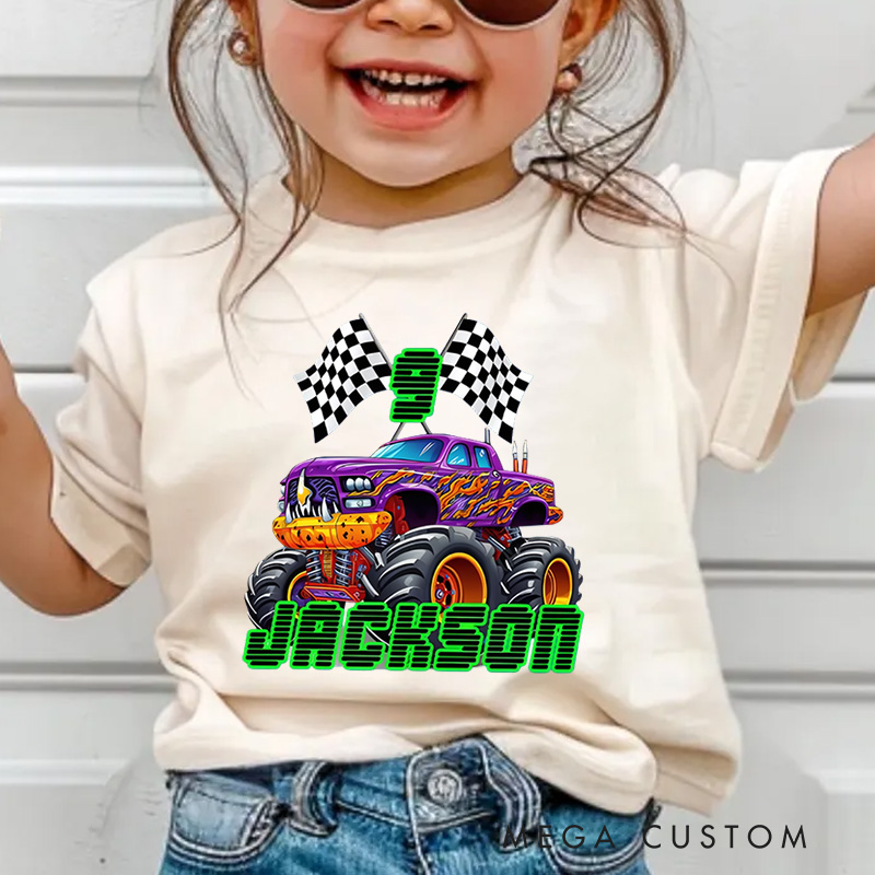 Personalized Big Wheel Off-Road Truck Multicolor Kid's T-shirt Sweatshirt Hoodie with Age and Name Birthday Christmas Gift for Kids