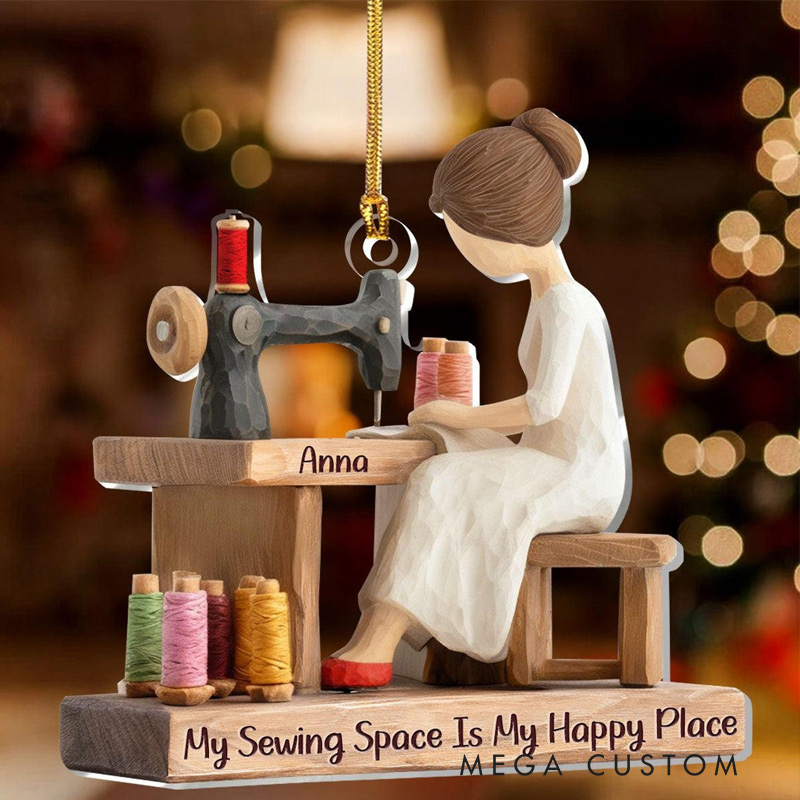 Personalized Sewing Ornament My Sewing Space Is My Happy Place Acrylic Ornament, Sewing Christmas Ornaments
