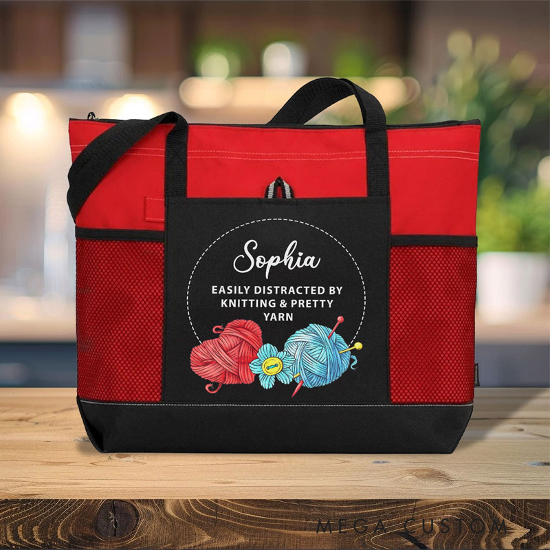Personalized Easily Distracted By Knitting And Pretty Yarn Tote Bag Gift For Crocheter And Knitter